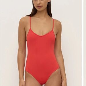 Assembly Label Red Scoop-Neck One-Piece Swimsuit